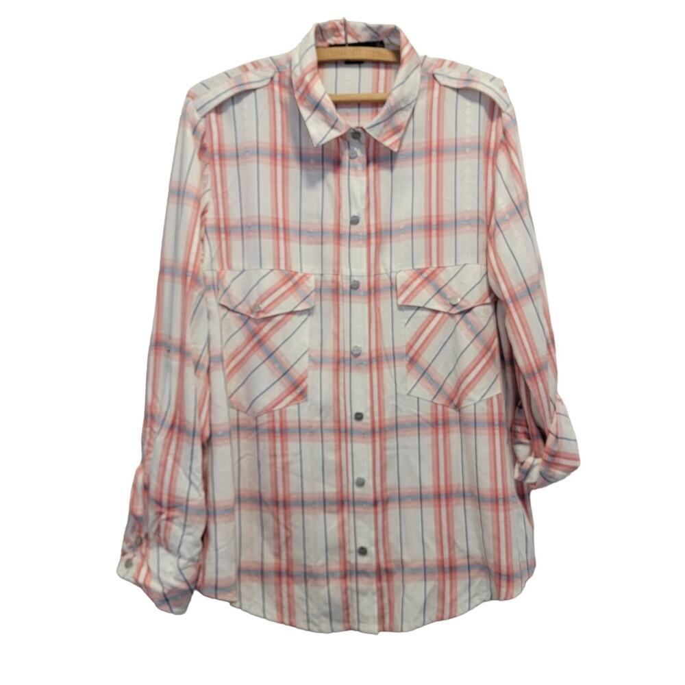 Sanctuary Boyfriend Fit Plaid Button Down Shirt Blue Red Size M Cabincore - Picture 12 of 13